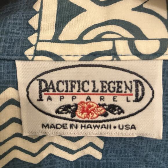 Pacific Legend Mens Large Hawaiian Shirt Blue Short Sleeve Wood Buttons Turtle - Picture 2 of 9